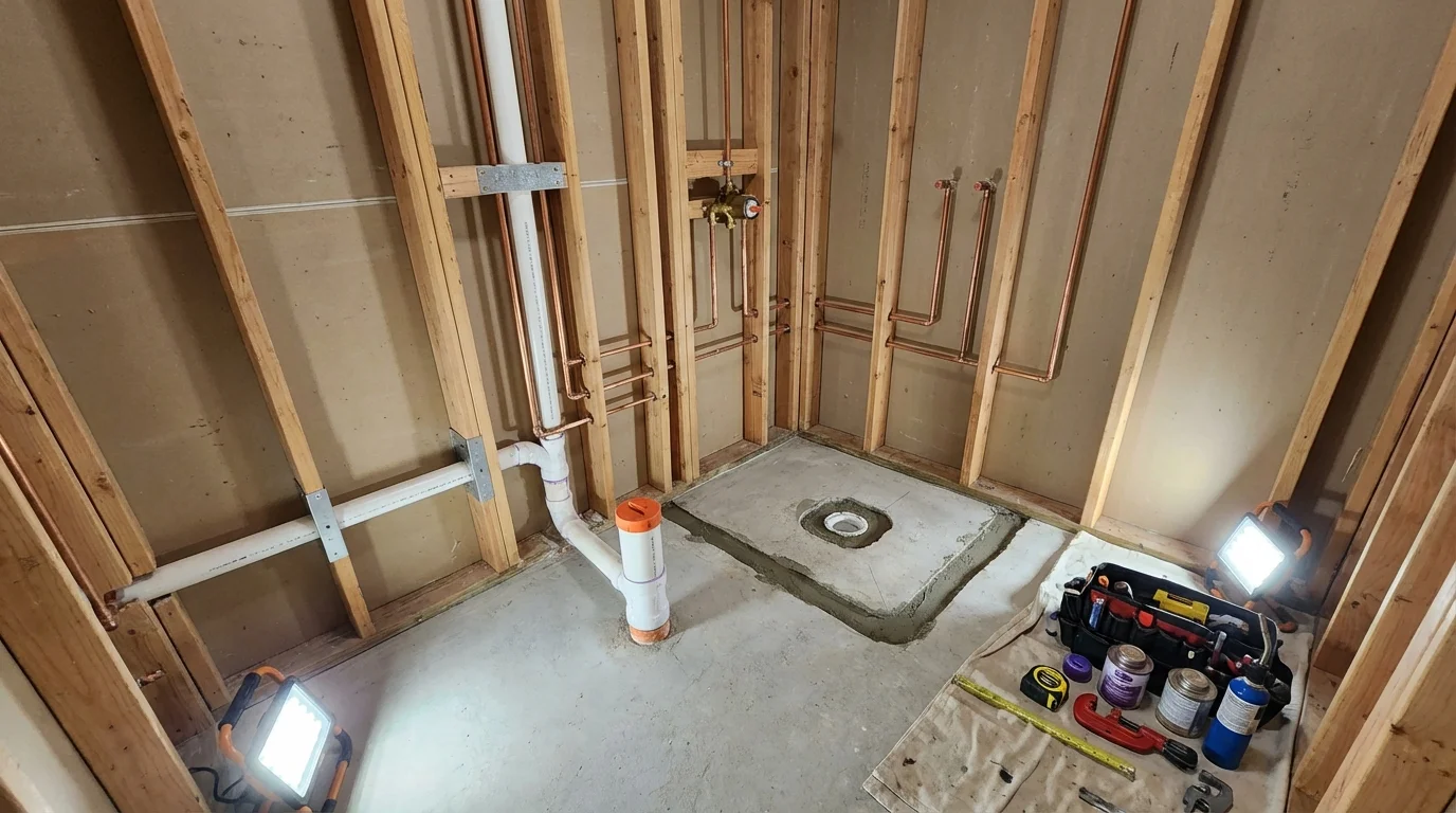 Bathroom rough-in plumbing during remodel by Johns Plumbing LLC in Valley View
