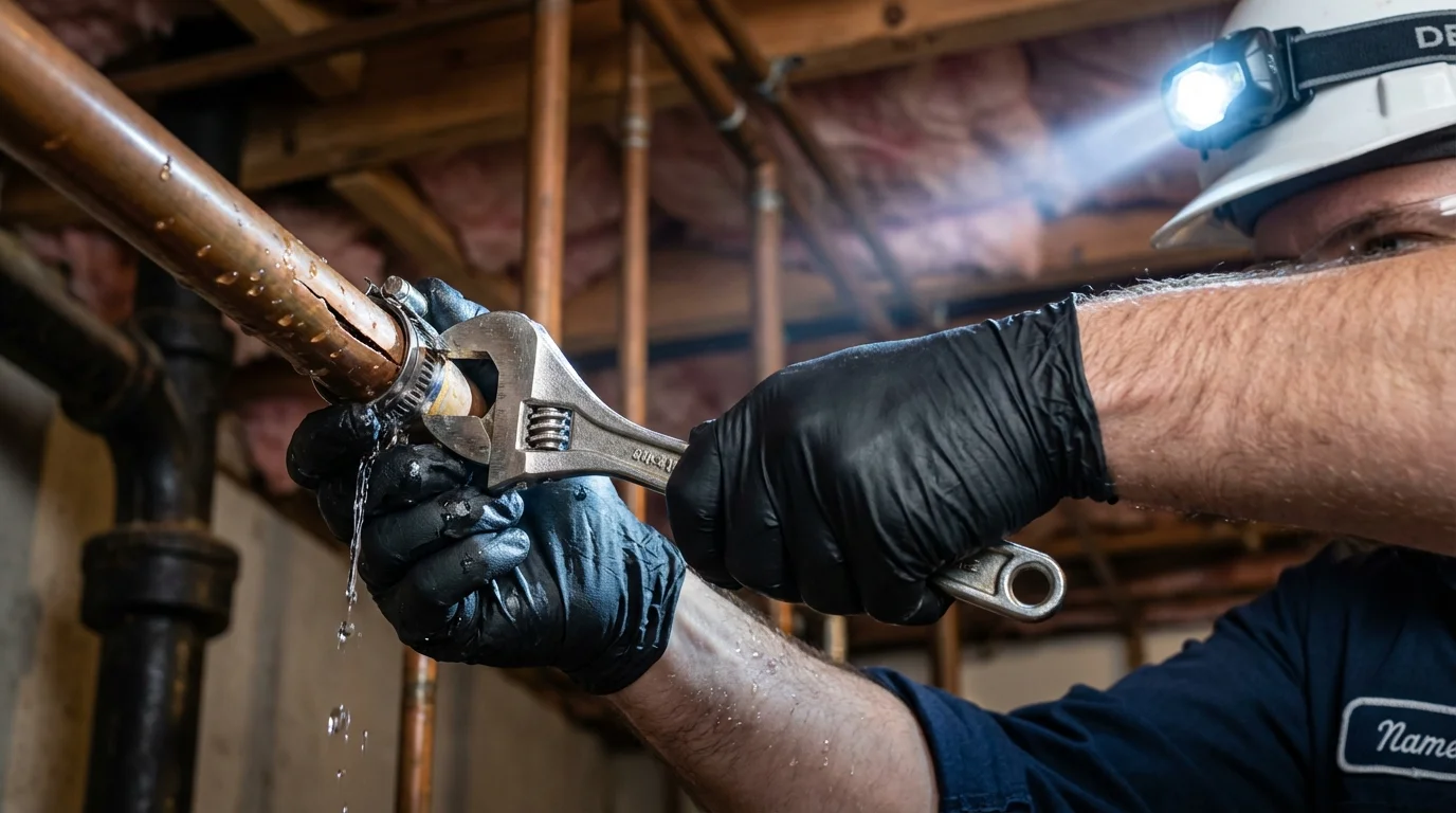 Emergency pipe clamp repair being performed by a Johns Plumbing LLC plumber in Valley View