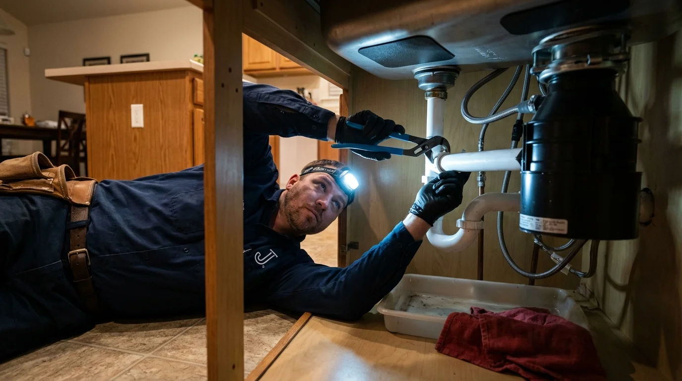 P-trap and supply line connections under a kitchen sink showing a common leak point in Valley View, PA